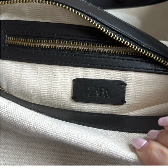 Zara linen off white ecru & black trim contrast oval crescent shoulder bag purse - Picture 5 of 8